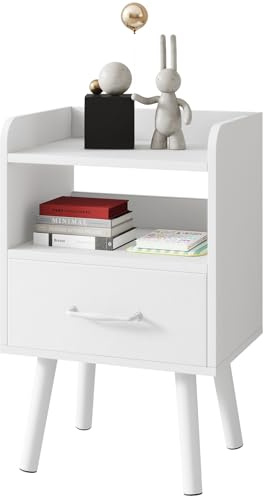YMYNY Mesita de Noche, Mesa Auxiliar de Sofá, Mesa de Madera, Cajón con Tela Removible, Ripiano Abierto, 39x29x62 cm, para Dormitorio, Salón, Blanco HST021W
