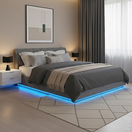 [en.casa] Polsterbett 180x200 cm Tröstiar mit LED-Beleuchtung Doppelbett mit Kopfteil und Stauraum Bettkasten Lattenrost Leinen Anthrazit