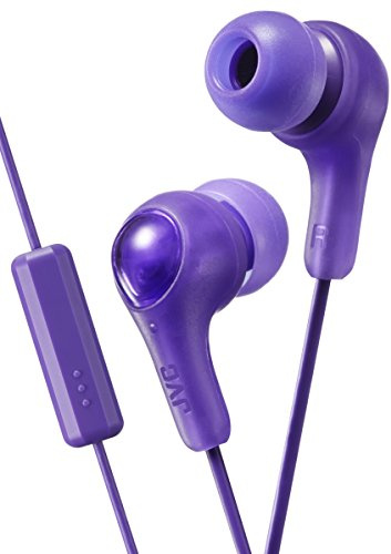 JVC PURPLE GUMY In ear earbuds with stay fit ear tips and MIC. Wired 3.3ft colored cord cable with headphone jack. Small, medium, and large ear tip earpieces included GUMY HAFX7MV