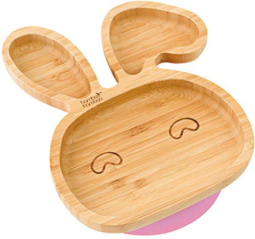 bamboo bamboo Baby Teller Kinderteller, Kindergeschirr mit Saugnapf, Sugnapf Teller Baby ab 6 Monaten (Hase, Rosa)