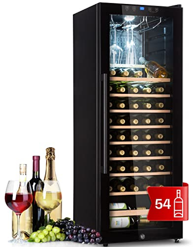 KLARSTEIN Vinoteca, 54 Botellas, Nevera Vinos de una Zona, Nevera Expositora Vino y Cerveza, Vinoteca Pequeña Interior y Exterior con Puerta de Cristal, Vino Protección UV, Panel Táctil, 4-18°C