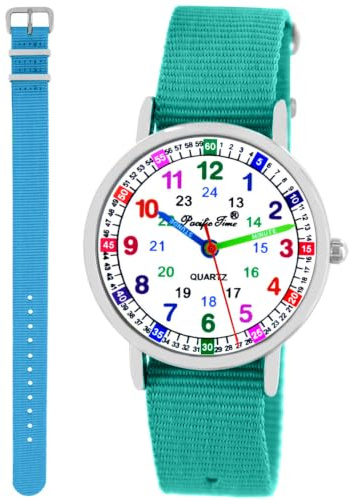 Pacific Time Kinderuhr Lernuhr Mädchen Einschulung Geschenk-Set | 2 Wechselarmbänder, 12/24-h-Lernzifferblatt und 5 ATM wasserdicht. Geschenk zur Einschulung, Geburtstag oder Weihnachten.