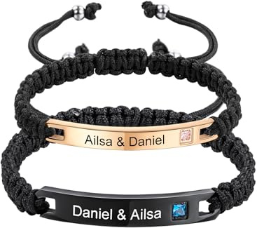 MeMeDIY Personalisiertes Armband Passende Armbänder für Paare Eingravierter Name Text Datum Verstellbares Handgefertigtes Geflochtenes Seil Armband Individuelles Edelstahl Schild (A1)