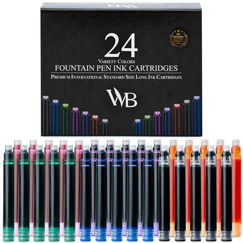 Wordsworth & Black 24 Pack Fountain Pen Ink Refills - Set of 24 Assorted Ink Cartridges - International Standard Size - Length APPR 2.3 - Base Diameter APPR 0.24 - Disposable and Generic