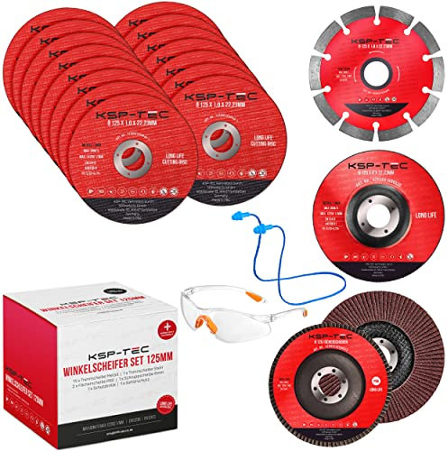 KSP-Tec®│15 Trennscheiben 125x1,0mm [MIT SCHUTZBRILLE UND GEHÖHRSCHUTZ] 2 Fächerscheiben, 1 Flexscheibe Stein│ für Stahl, Edelstahl und Stein
