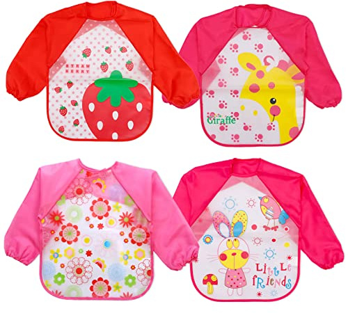 FILOWA Baby Lätzchen mit Ärmel 4 Stück Wasserdicht Ärmellätzchen, Rosa/Rot