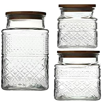 Livejun Glass Storage Jars Vintage Embossed Canisters Food Cereal Storage Containers with Bamboo Lid, Decorative Jars for Kitchen Counter,Pantry,Set 3-Piece Glass Jars in 60oz/40oz/20oz (Square)