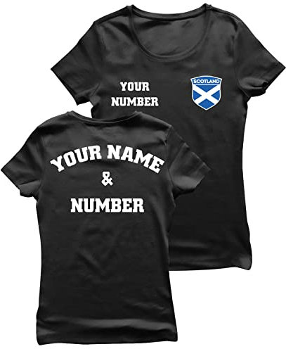 lepni.me Damen Schottland Fußball T-Shirt Ihrem Namen und Nummer | Schottische Flagge Abzeichen Personalisierte Trikot | Weltmeisterschaft 2022 (M Schwarz Mehrfarben)