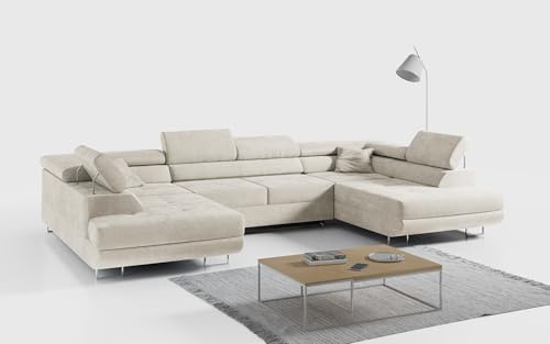 MKS MEBLE Ecksofa U - Schlafsofa mit Bettkasten - U-Form Couch mit Schlaffunktion - Polstersofa für Wohnzimmer - Gustaw U Creme Monolith