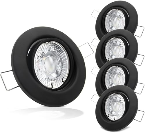 trendlights24 Decora LED Decken Einbaustrahler flach 35 mm 5W 230V 5er Set | Schwarz matt, rund, LED Spots, Warmweiß, 3000k, 400lm, austauschbar, Einbauleuchte, schwenkbar, 68 mm Lochmaß