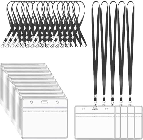 XHDA 30Pcs Black Lanyards for Neck with Clear Card Holders