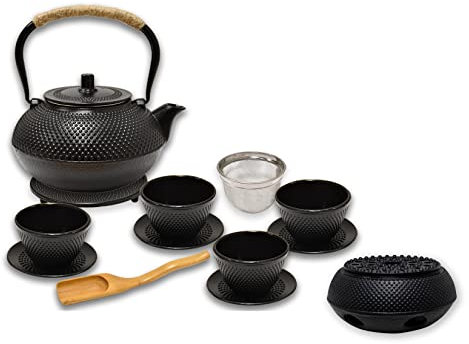 AD.CON Teeservice aus Gusseisen, Tee Set 12 Stück, Teekanne Gusseisen-Set, Teekanne mit Siebeinsatz, Teetassen & Untersetzer 12-tlg