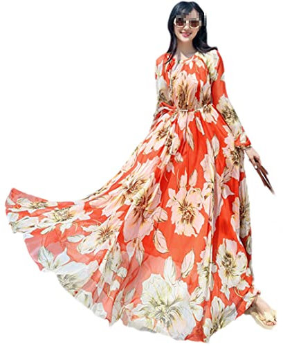 Hndudnff Robe longue en mousseline de soie légère et décontractée pour femme Motif floral, Lys orange., L