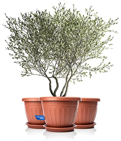 BigDean 3X Blumentopf mit Untersetzer rund ø50xH38 cm Terracotta | wetterfester Pflanzkübel - Wasserablauf UV-beständig - aus bruchsicherem Kunststoff - Innen + Außen geeignet - Made in Europe