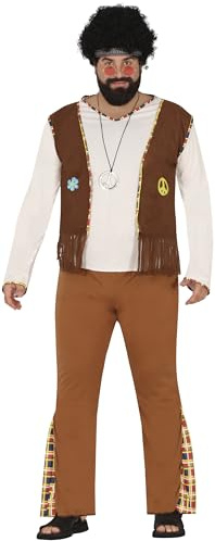 FIESTAS GUIRCA | Hippie Flower Kostüm für Erwachsene - Hemd, Weste, Stirnband und Hose - 60er Jahre Retro Stil für Kostümpartys und Karneval - Herren - Braun