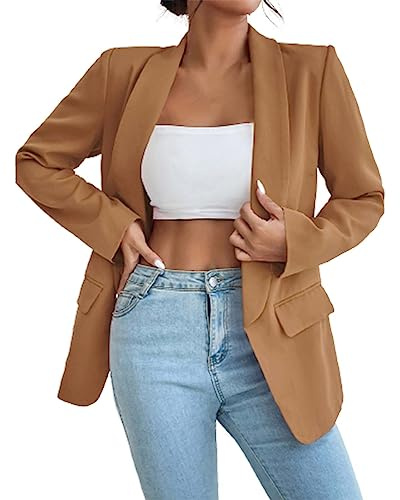 L9WEI Revers kontor blazer dam elegant enfärgad business blazer långärmad slim fit höstjacka, BRUN, XL