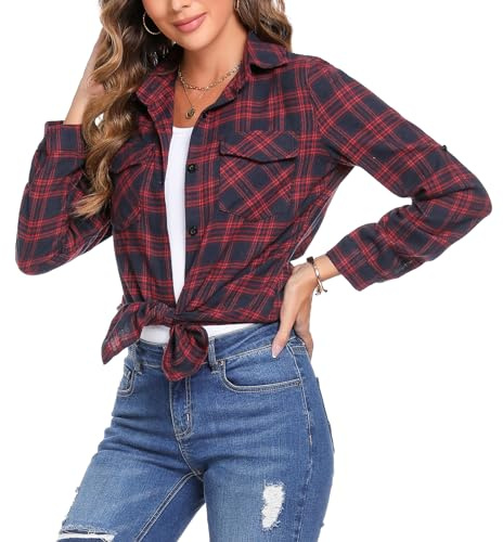 Totatuit Flannel Checked Shirts Womens Classic Long Sleeve Plaid Shirt Blouse V Neck Button Down Ladies Checked Shirt with Pocket