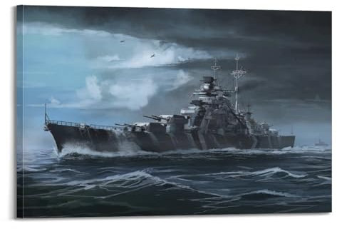 KYTIN Vintage Kriegsschiff Poster Weltkrieg Bismarck Schiff Vintage Kriegsschiff Poster Weltkrieg Zweiten Bismarck Schiff Dekorative Malerei Leinwand 50 x 75 cm