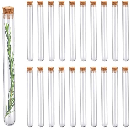 20 tubos de ensayo de cristal de 20 x 200 mm con tapón de corcho (45 ml) + 20 etiquetas Kraft + cuerda de yute – probetas de laboratorio – recuerdos de cumpleaños, frasco para caramelos, grageas