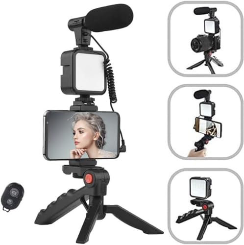 Mobilphone Smartphone Video Vlog Microfono, Luce LED, Supporto Telefono, Treppiede, Compatibile iPhone, Android, per Tiktok, Youtube, Ripresa, Vlogging, Live Streaming