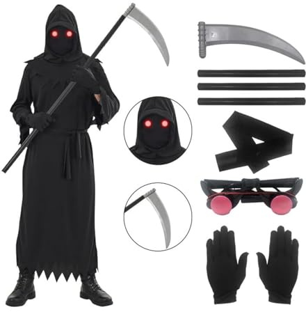 Udekit Grim Reaper Costume Cosplay di Carnevale di Halloween con Falce della Morte e Guanti, Occhiali Luminosi e Maschera per Adulti Piccoli