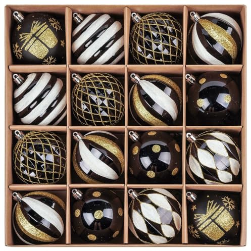 SVNVIOZ 16 Stück Weihnachtskugeln Schwarz Gold Weiß, Christbaumkugeln Kunststoff Deko Weihnachten, Bruchsicher Weihnachtsbaumschmuck mit Aufhänger, Weihnachtsbaumkugeln für Weihnachtsdeko Innen Aussen