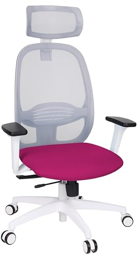 grospol Bürostuhl Nodi WS HD, mit Kopfstütze, ergonomische Netzrückenlehne, viele Einstellmöglichkeiten, Lendenwirbelstütze, weißer Rahmen, für Zuhause, Büro, Home Office. (rosa)