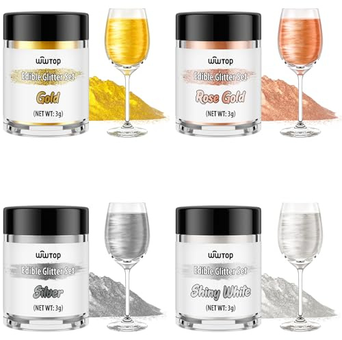 Wwtop Essbarer Glitzer für Getränke, 4 Farben Glitzerpulver Set, Gold Roségold Silber Weiß Lebensmittel Glitzer für Getränke, Geschmacklos Essbarer Goldpulver für Cocktails, Likör, Kuchen,Fondant(3g)