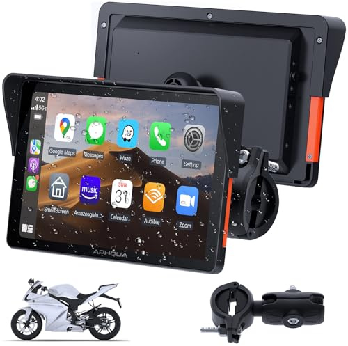 APHQUA Motocycle Carplay-7-Inch Motorcycle GPS Navigation System with Apple CarPlay & Android Auto, Waterproof Touchscreen, Bluetooth, IP67 Waterproof for Motorbike, Support Siri & Google Assistant