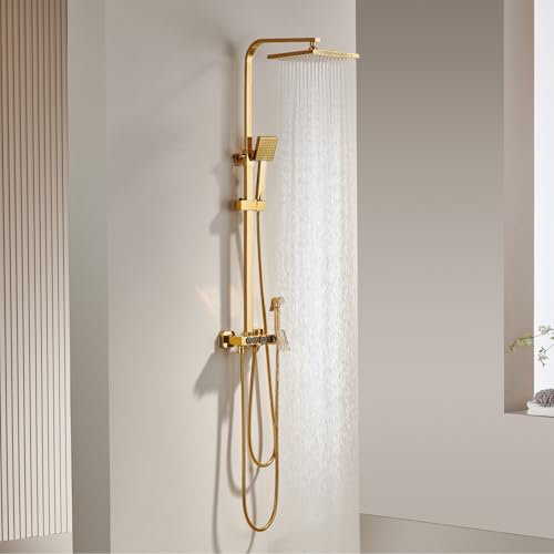 Colonna Doccia,Multifunzione Kit Doccia,Ottone Antico Set Doccia,Colonna Doccia Con Miscelatore,Con Grandi Soffioni, Doccette E Soffione Doccia Bidet Set Doccia,Oro spazzolato Kit Doccia Completo