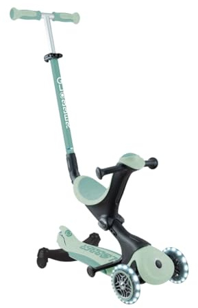 Globber GO•UP Deluxe Lights ECO 360 - Skalbar skoter med 3 hjul med 360° roterande säte, fotstöd, LED och hållbara material, 15 månader till 6 år - pistaschgrön