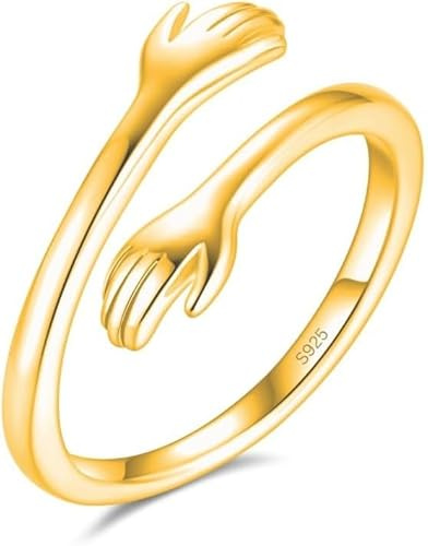 Umarmungsring in 925 Sterling Silber und Gold Verstellbar | Umarmung Ring mit Umarmende Hände als Geschenk für Sie, Freundin, Freund, Muttertag und zur Verlobung (Gold, 50)
