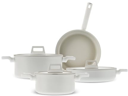 Karaca Valenti 7-teiliges Keramik-Kochgeschirr-Set mit Glasdeckel, Antihaftbeschichtung Swiss Crystal, Casserole,Töpfen mit Deckeln und Pfanne Induktion, Weiß