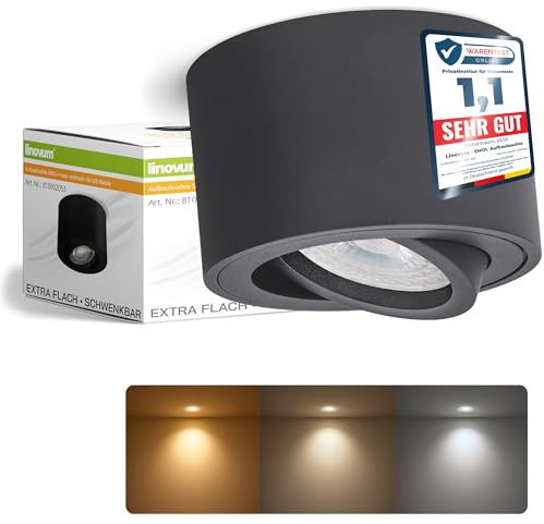 linovum SMOL Aufbauspot anthrazit flach schwenkbar 4W 3 Lichtfarben LED | Flacher Deckenspot anthrazit - nur 50mm hoch, schwenkbar, warm / neutral / kalt, für Flur & Wohnzimmer, inkl. LED-Modul