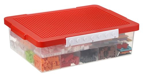 OGANAZI Plastic Building Block Bricks Storage Box Containers with Sorting Tray and Building Plate Lid, Lego Box Lego Organiser with Snap, Double Layers and 30 Compartments, Red, 32.5 * 23.5 * 11cm