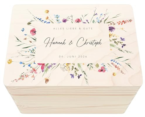 DEL MÀ Unique & Personal Erinnerungskiste Hochzeit personalisierte Erinnerungsbox Hochzeitsgeschenk für Brautpaar Wildblumen Holzkiste Geschenkkiste Geschenkbox 30x20x13 cm
