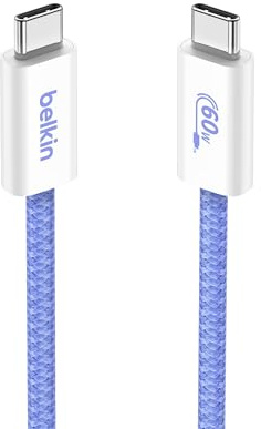 Belkin USB-C to USB-C Braided Cable (3.3ft, 60W) - Soft and Flexible Fast Charging Cable Type C for iPhone Series 16 & 15, Galaxy S25, Pixel 9, iPad Pro, and More - Blue (USB 2.0)