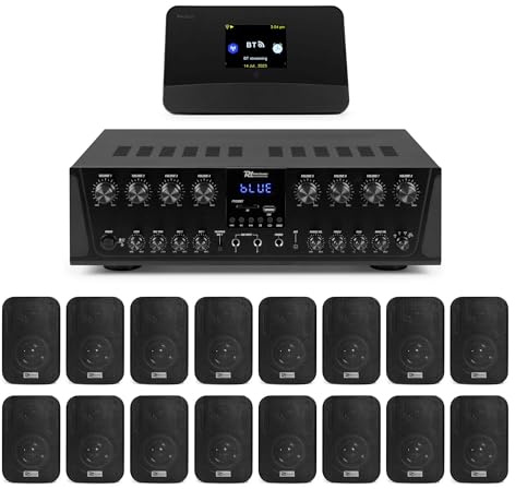 Power Dynamics Multiroom Soundsystem - 8 Zonen Verstärker, 800 Watt, 16 Außenlautsprecher, Internetradio mit DAB, Bluetooth, WLAN, UKW, inkl. Fernbedienung für Haus & Gewerbe, Schwarz