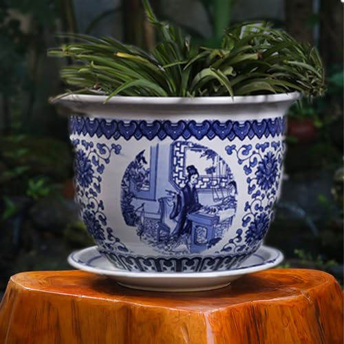 MYUYEE Pot de Fleurs en Porcelaine Bleu et Blanc Pots de Cactus Pots de Plantes en céramique de Style Chinois Pot de Fleurs d'intérieur en céramique jardinière,D-17 * 12cm