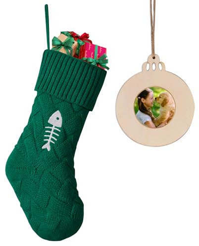 MOSTOP Strick-Weihnachtsstrumpf, großer grüner Strumpf mit Fischgräten-Stickerei, Weihnachtsstrumpf zum Aufhängen für Katzen, Haustiere, Heimdekoration, Partyzubehör
