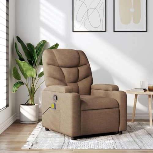 ACAGALA Fernsehsessel Massagesessel, TV Sessel mit Manuell Verstellbare Rückenlehnenneigung, 6-Punkt-Vibrationsmassage, USB-Anschlüsse, Einzelsofa Liegesessel aus Leinenstoff, Braun