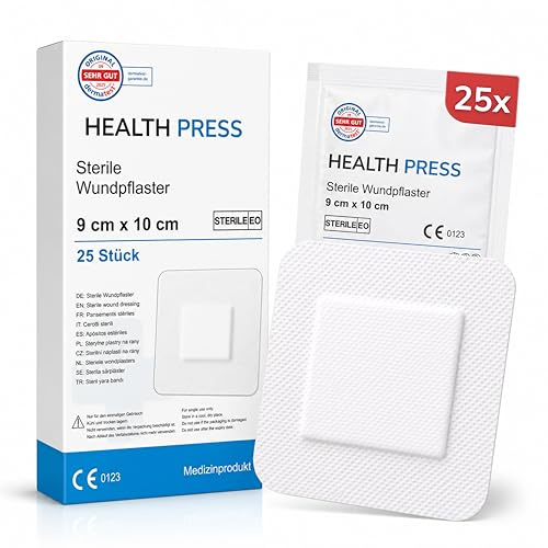 Health Press sterile Wundpflaster, 9 x 10cm, 25 Stück | Steriler Wundverband, Pflaster Set einzeln verpackt, Verbandsmaterial hautfreundlich & sicher haftend