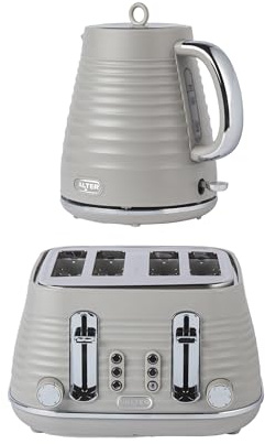 Salter Ripple Taupe Toaster & Kettle Set – 4-Slice 1630W Toaster, 6 Browning Levels, Defrost/Reheat/Cancel, 1.7L Rapid Boil Kettle with Removable Limescale Filter, Auto Shut-Off, Textured Design | 6 Browning Levels, Defrost/Reheat/Cancel Buttons, Self-Centring, Wide Slots, 3kW Rapid Boil, Removable Limescale Filter
