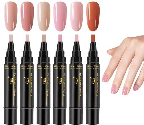 6 PCS 3 In 1 Gel Nail Polish Pens Portable Nail Varnish Pens Quick Dry Easy Application No Base Coating Required One Step DIY Easy Apply for Girls and Women (6 Colors)