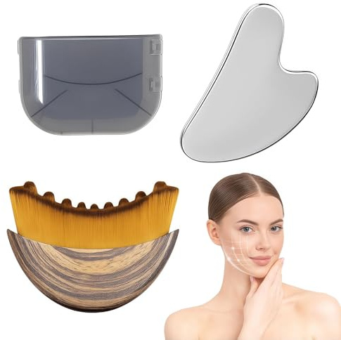 Gua-Sha-Set en acier inoxydable avec brosse visage pour drainage lymphatique – Kit de massage pour modeler la mâchoire, réduire les gonflements et se relaxer, avec boîte de rangement
