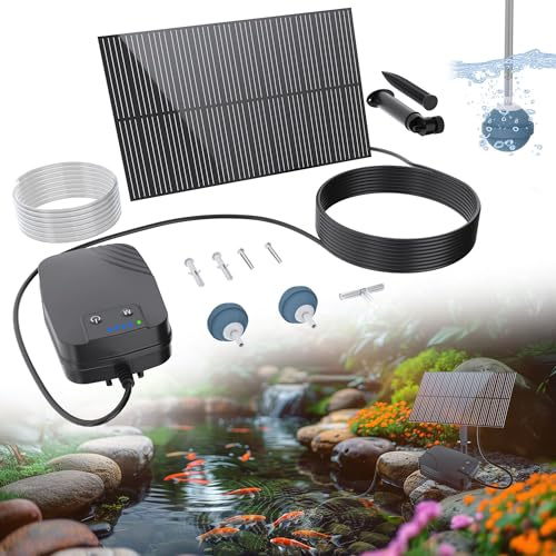 Biling Bomba de oxígeno solar para estanque con batería de 1500 mAh, panel de cristal de 2 W, manguera de 3 m, IPX5, bomba de aire solar silenciosa para estanque de jardín, depósito de agua de lluvia