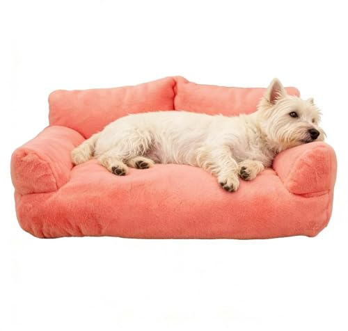 Mozzeilee Haustiersofa, Welpencouch mit rutschfester Unterseite, flauschiges Plüsch-Katzensofa, orthopädisches Haustierbett, waschbarer, abnehmbarer Bezug (65 x 45 x 26 cm, Rosa)