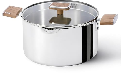 CAROTE 6QT Stainless Steel Stock Pot with Glass Lid, Large Soup Pot with Wood-Grain Handles, Deep Pot for Soup, Pasta & Stew