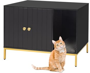 Relaxdays Kattskåp för kattlåda, med kattlåda, med ingång, HBT: 55 x 80 x 50 cm, katthus, svart/guld