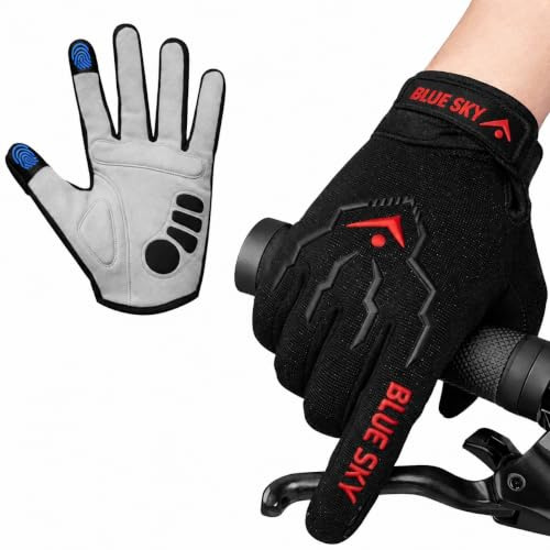BLUESKYPORTS Full Finger Cycling Gloves Men Women Padded Palm Mountain Bike Gloves with Touchscreen Fingers Shock Absorbing Non Slip Grip Breathable Bicycle Gloves MTB Riding BMX Racing